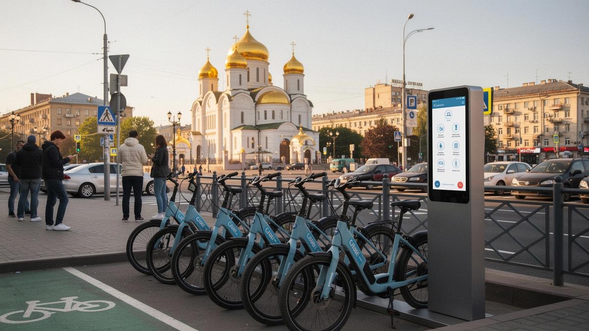 Rental scooters parked near a Kyiv city landmark