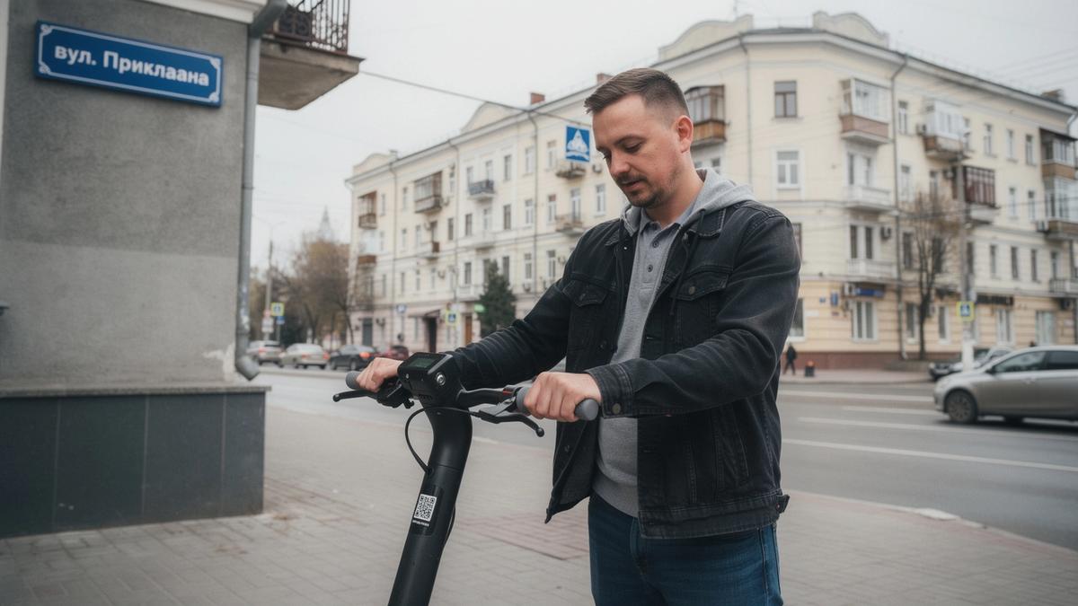 Rider unlocking an e-scooter on a Kyiv street beside a city street sign