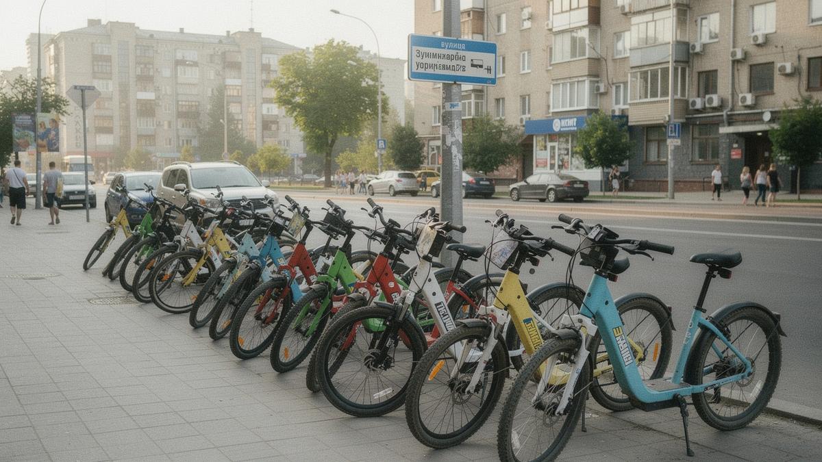 Electric scooters and e-bikes parked near a Kyiv street sign with city buildings behind