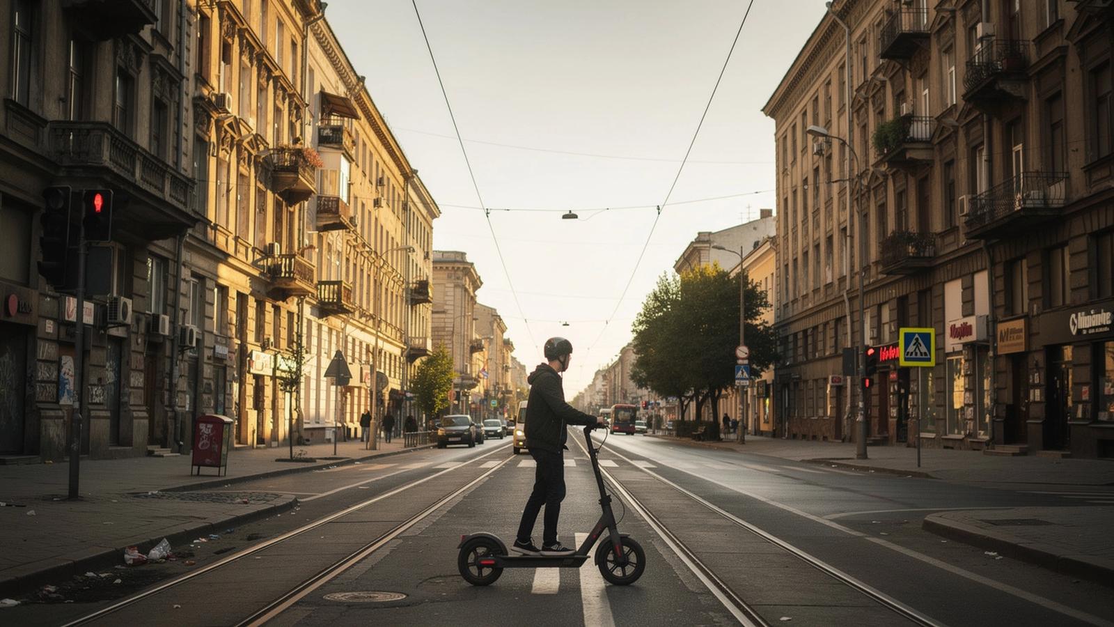 E-scooter rider passing a landmark facade on Velyka Vasylkivska Street in Kyiv