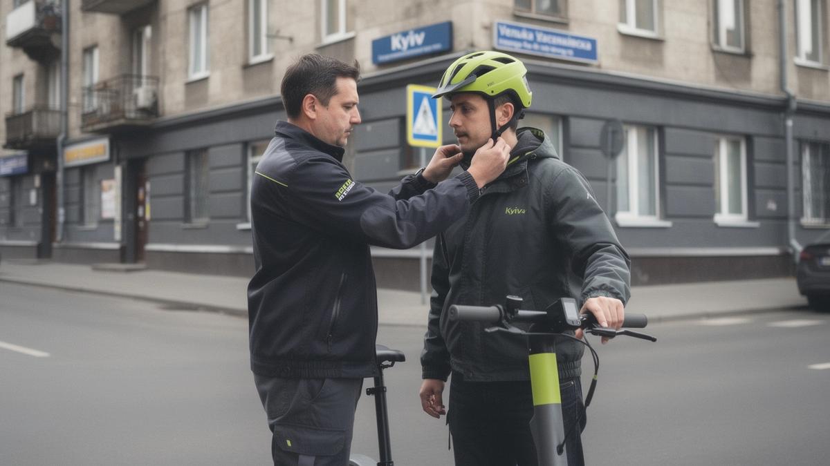 Instructor fitting a helmet on a rider beside an e-scooter at a rental hub in Kyiv
