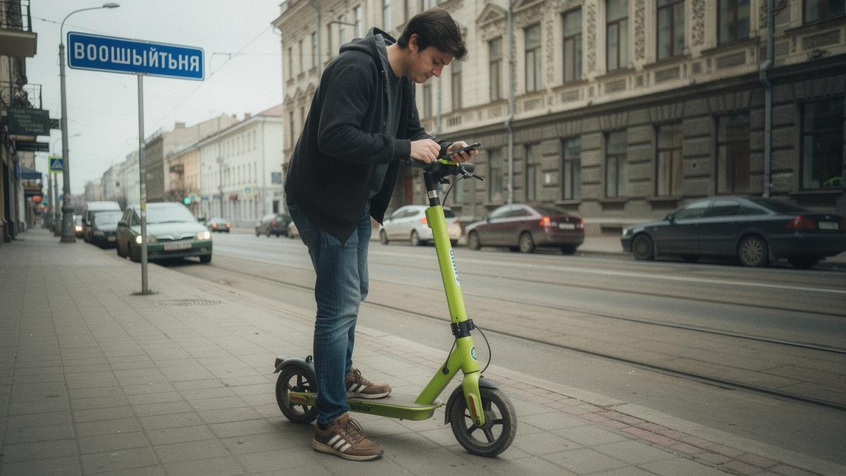Rider unlocking a shared e-scooter beside a street sign in central Kyiv
