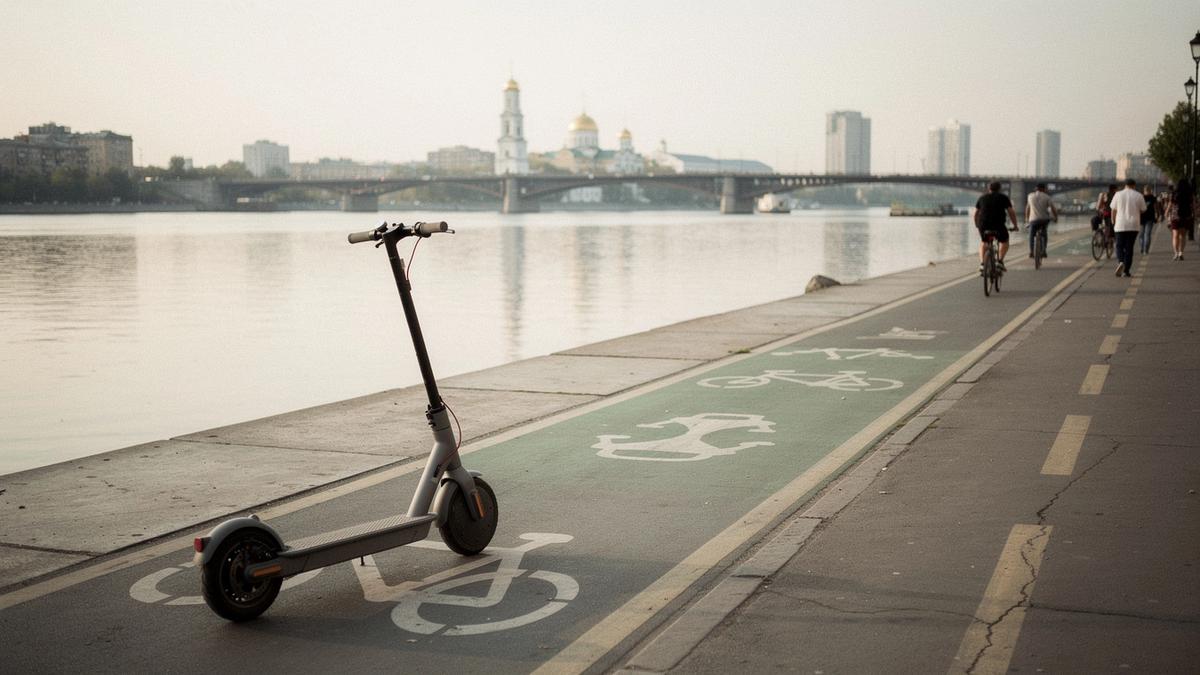 Electric scooter on the Dnipro River cycle lane in Kyiv