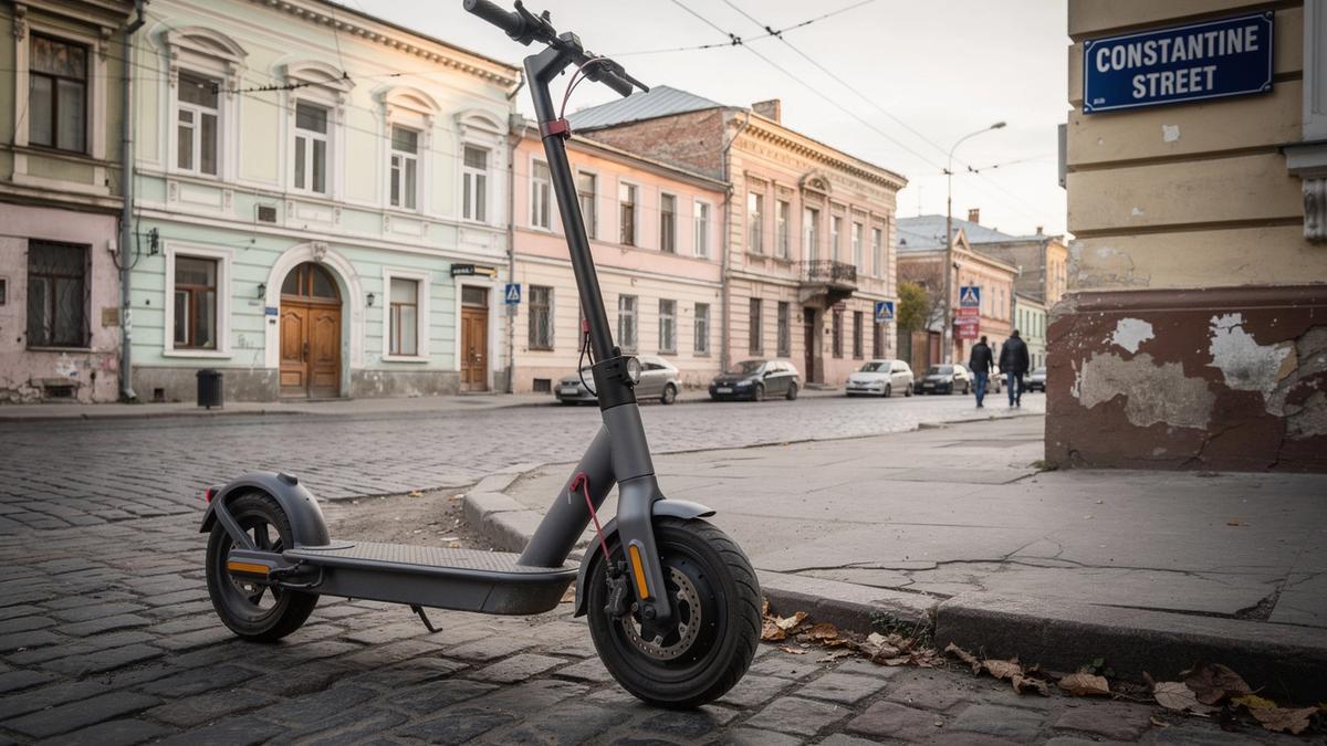 Electric scooter on a mixed-traffic street in Kyiv Podil