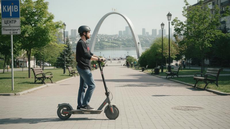 E-scooter rider on the paved walkway beside the People's Friendship Arch in Kyiv