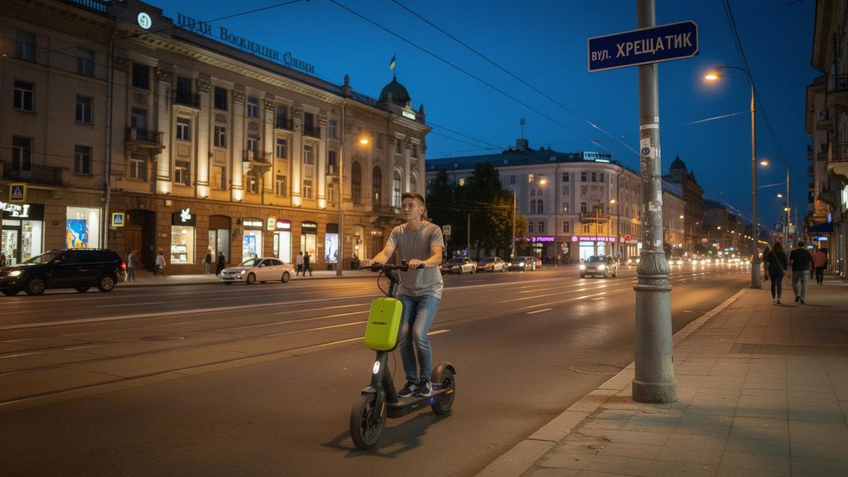 E-scooter rider passing a street sign in central Kyiv at dusk