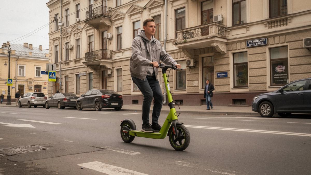 Rider on an e-scooter passing a street sign in central Kyiv