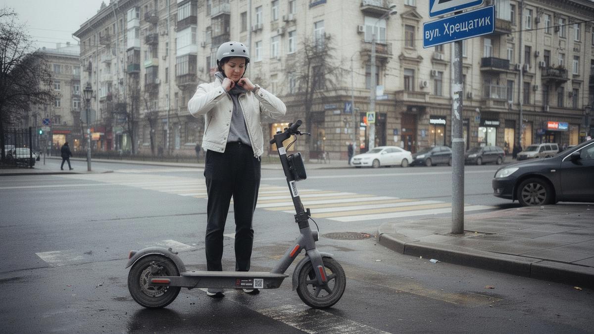 Rider fastening an included helmet beside an e-scooter on a Kyiv street