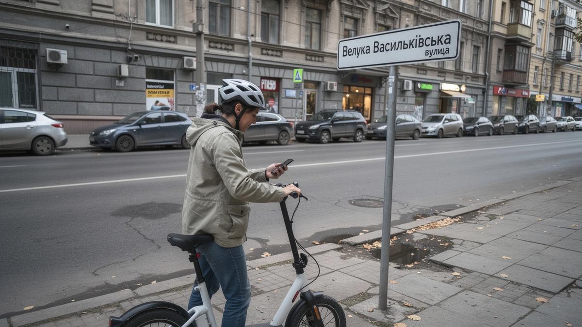 Rider in a helmet unlocking an e-scooter beside a street sign on Velyka Vasylkivska Street in Kyiv